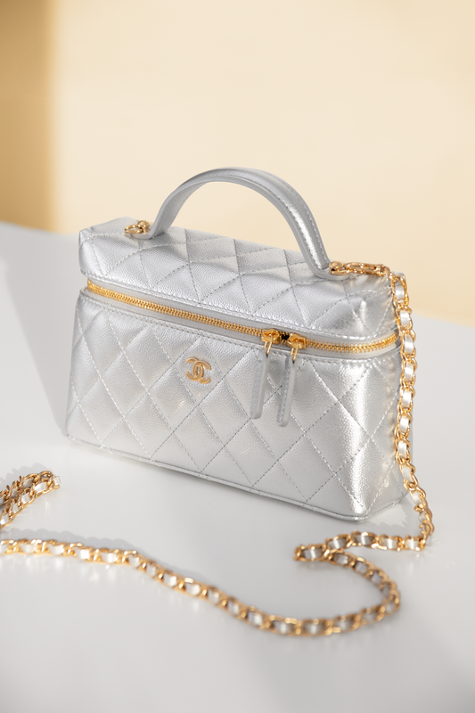 Chanel Vanity Case With Chain in Silver Metallic