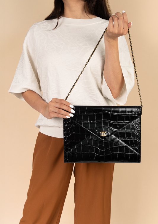 Chanel Clutch with Chain in Black Crocodile Embossed Calfskin