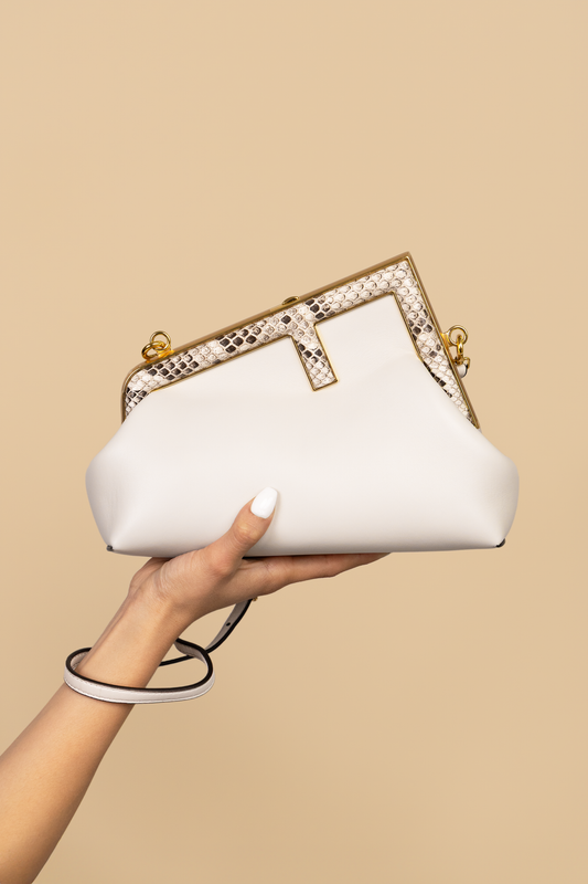 Fendi First Small White Leather Bag with Python Trim