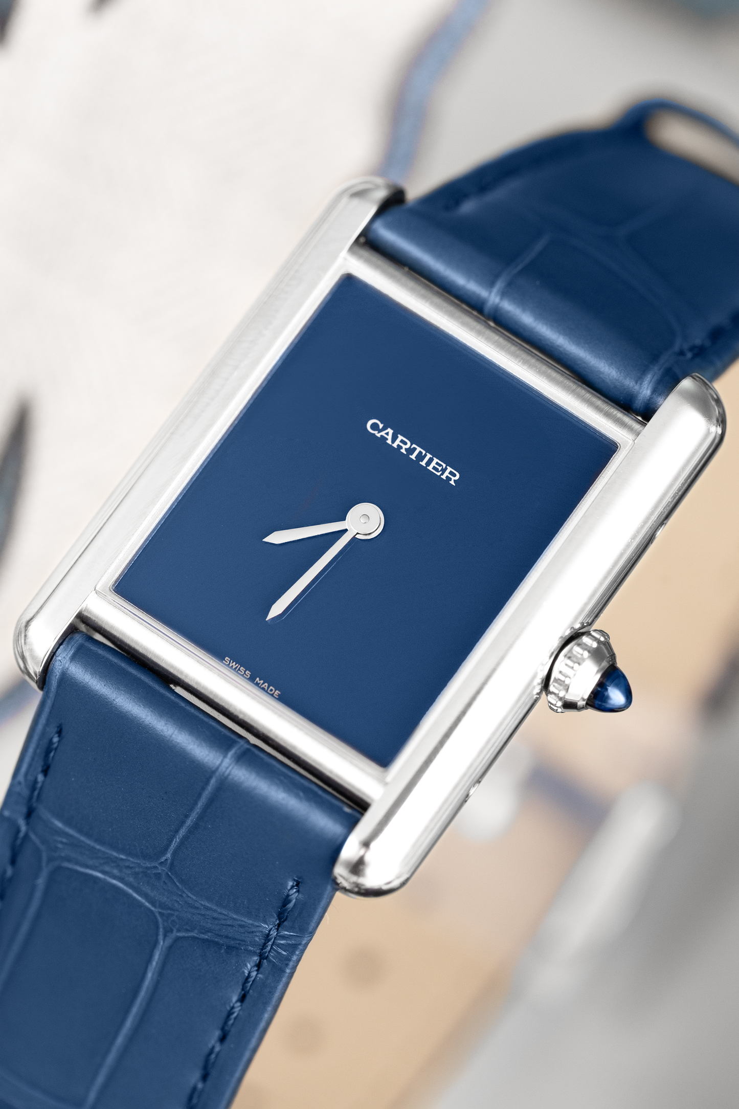 Cartier Limited Edition Tank Watch in Blue Alligator Strap