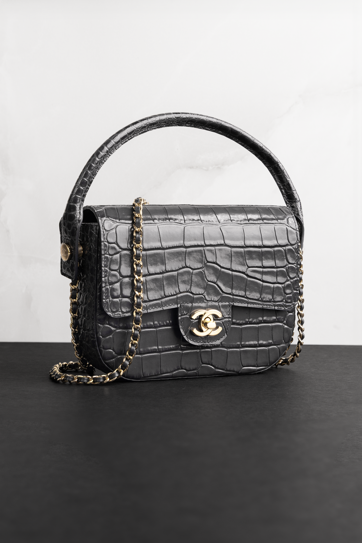 Chanel Mini Flap Bag with Top Handle & Chain in Crocodile Embossed Grey