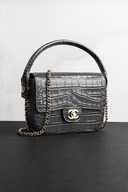 Chanel Mini Flap Bag with Top Handle & Chain in Crocodile Embossed Grey