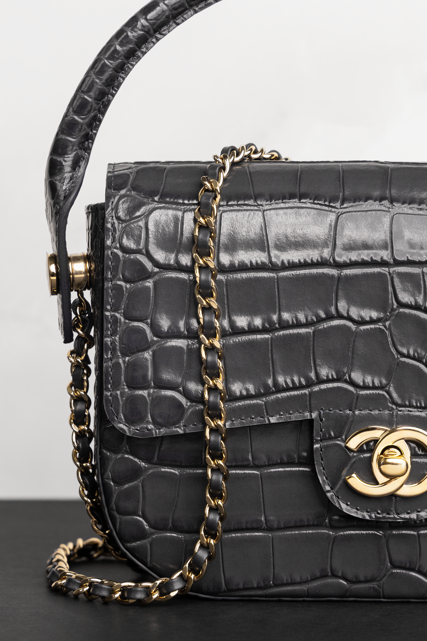 Chanel Mini Flap Bag with Top Handle & Chain in Crocodile Embossed Grey