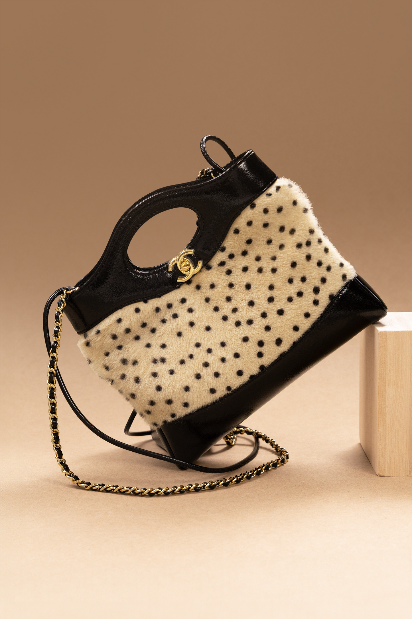 Chanel 31 Small Fur Shopping Bag in Beige/Black Polka Dots