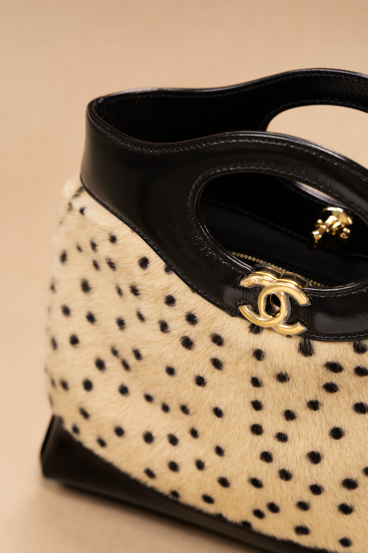 Chanel 31 Small Fur Shopping Bag in Beige/Black Polka Dots