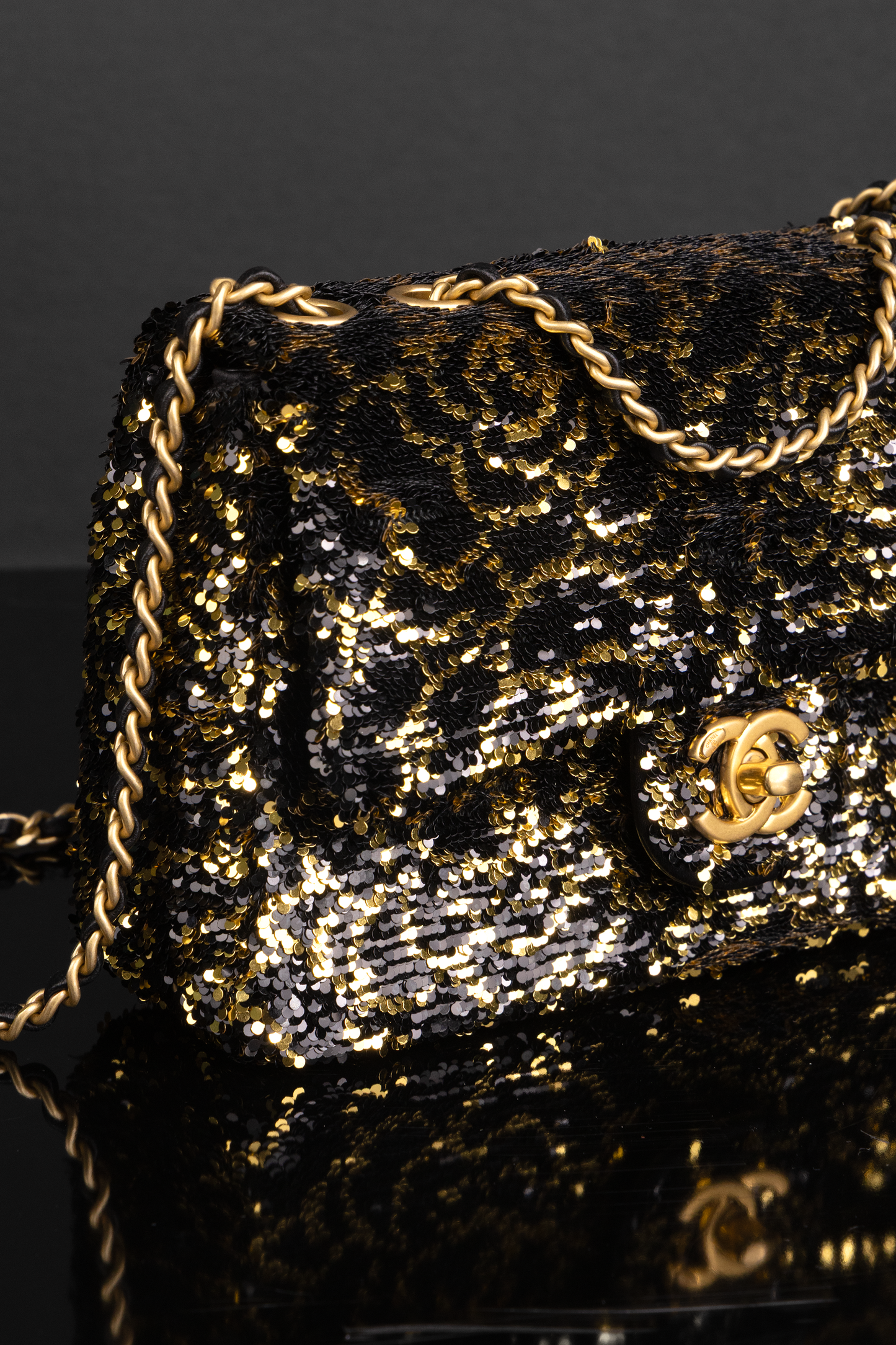 Chanel Mini Sequin Flap Bag in Black/Gold