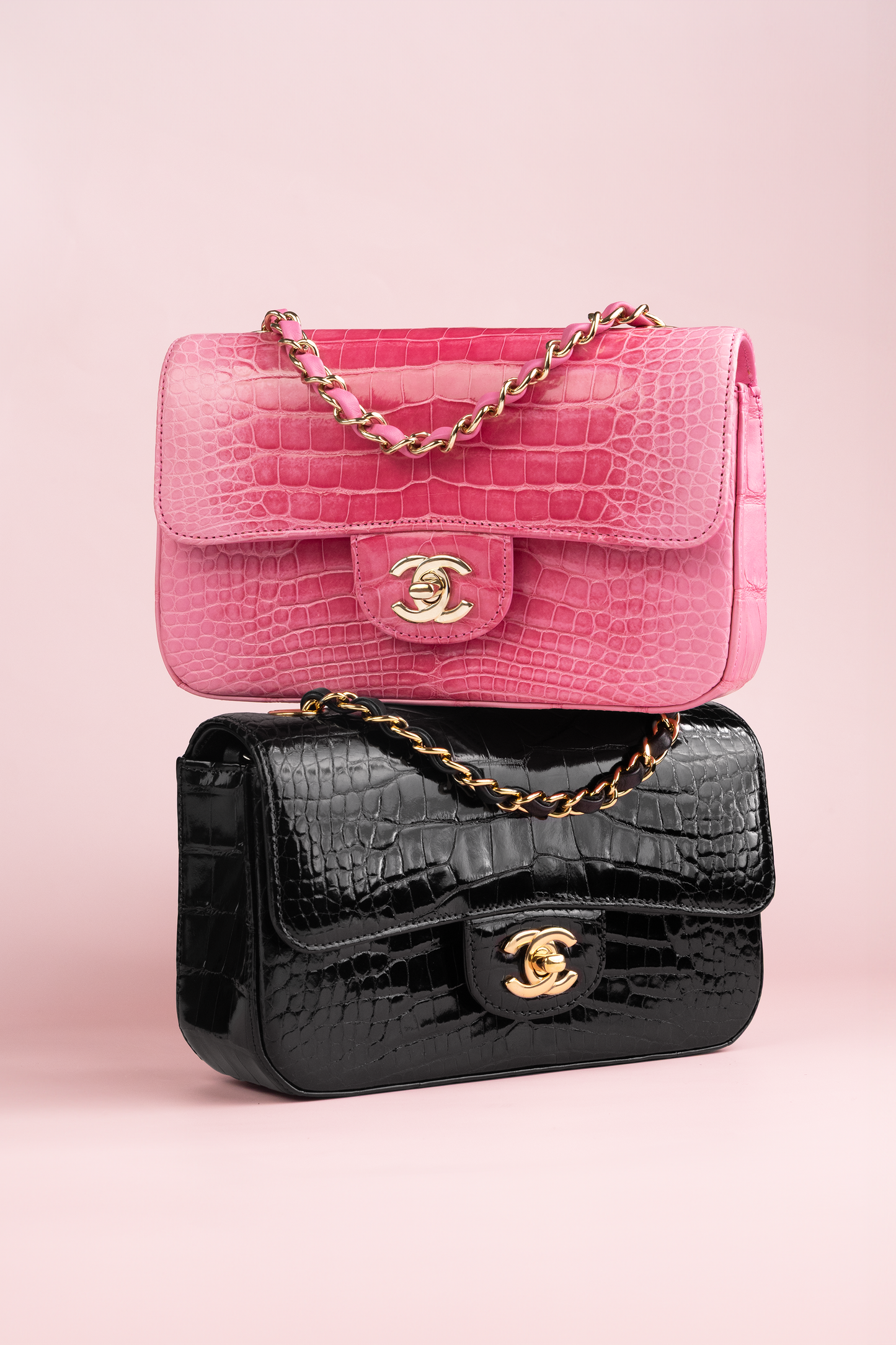 Chanel Mini Flap Bag in Shiny Alligator Ombre Rose & Black