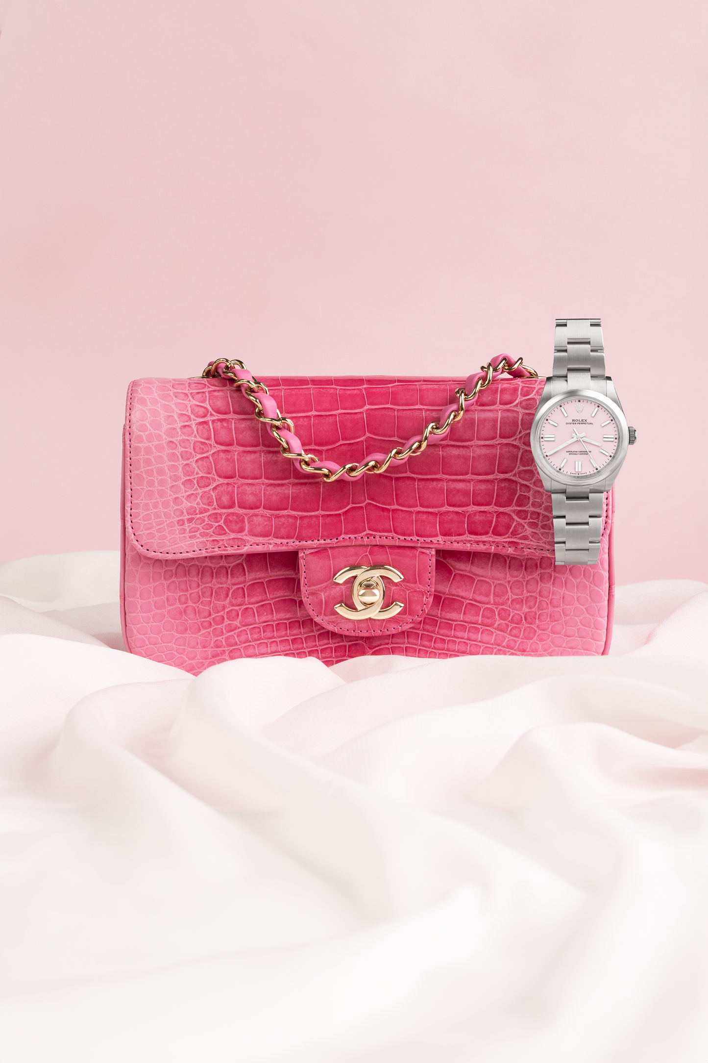 Rolex Oyster Perpetual Pink Dial Watch 41MM & Chanel Mini Flap Bag in Shiny Alligator Ombre Rose