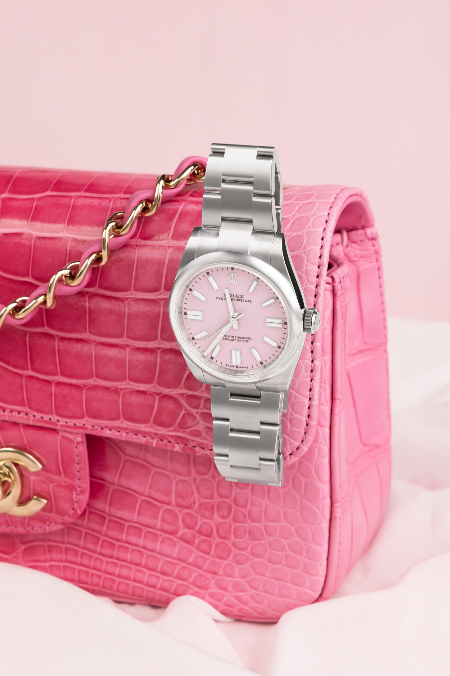Rolex Oyster Perpetual Pink Dial Watch 41MM & Chanel Mini Flap Bag in Shiny Alligator Ombre Rose