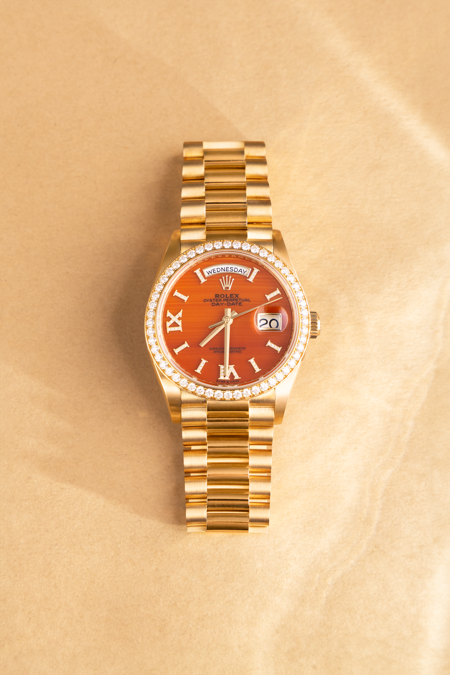 Rolex Day-Date 36mm in Yellow Gold with Diamond Carnelian Dial