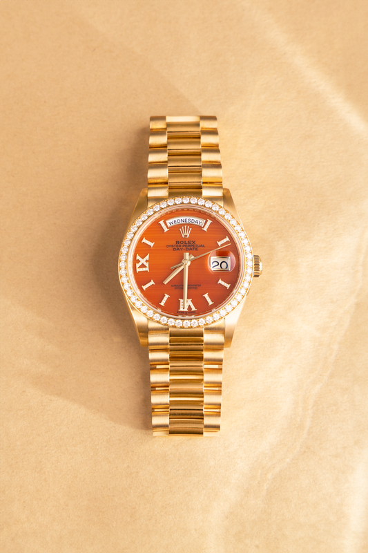 Rolex Day-Date 36mm in Yellow Gold with Diamond Carnelian Dial