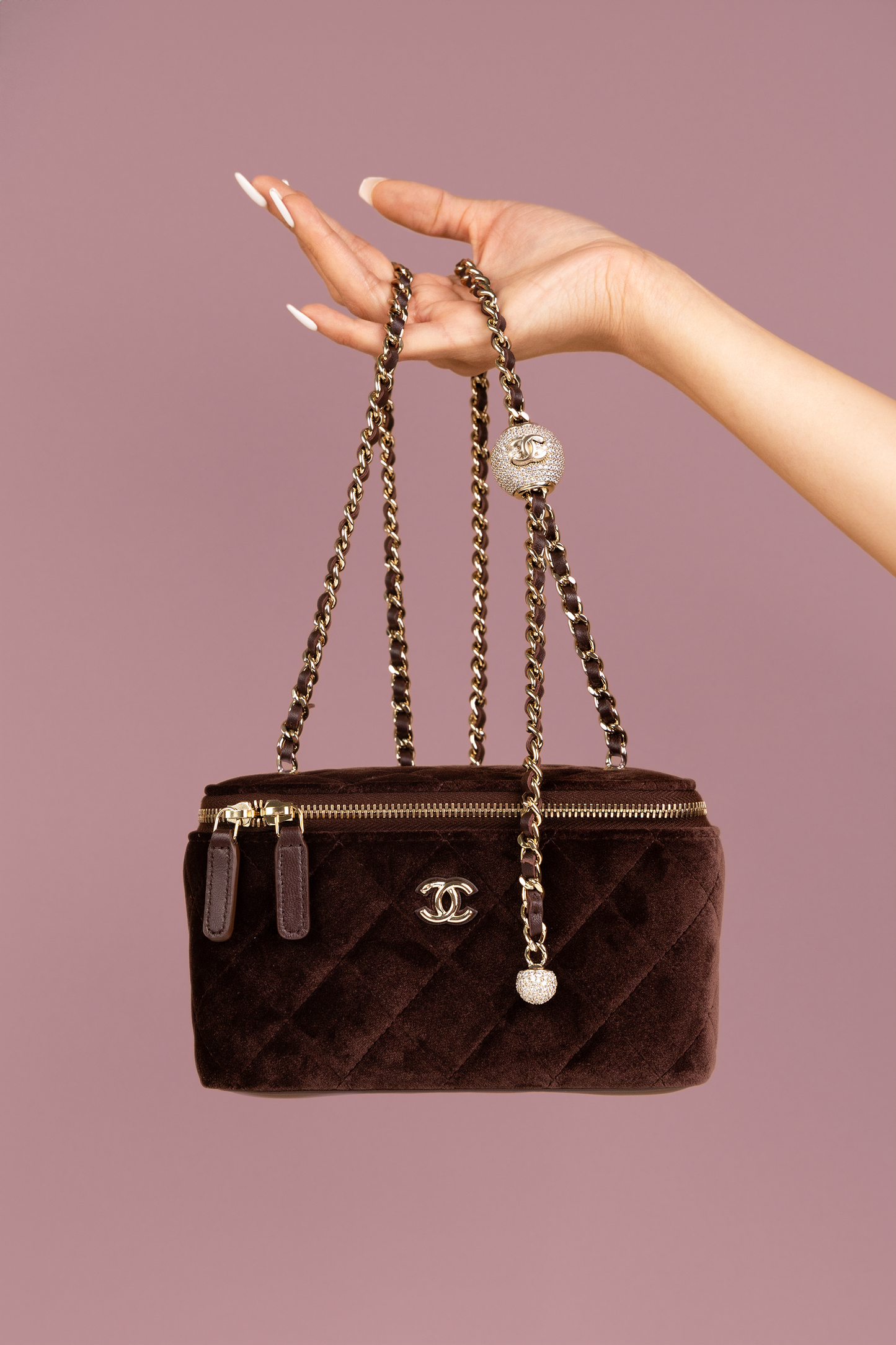 Chanel Suede Vanity with Adjustable Chain in Brown