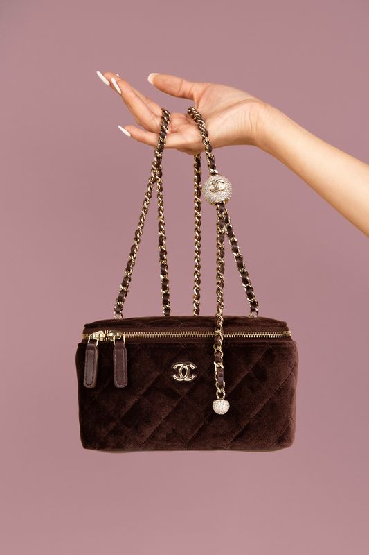Chanel Suede Vanity with Adjustable Chain in Brown
