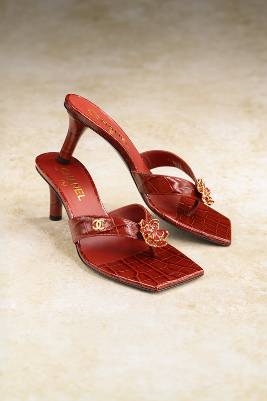 Chanel Crocodile Embossed Calfskin Thong Sandals in Rouge