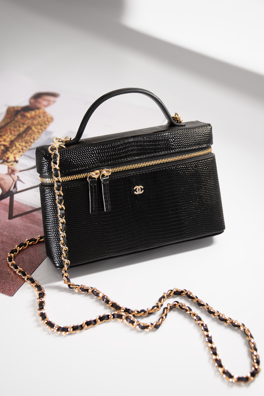Chanel Vanity Case with Chain in Black Lizard