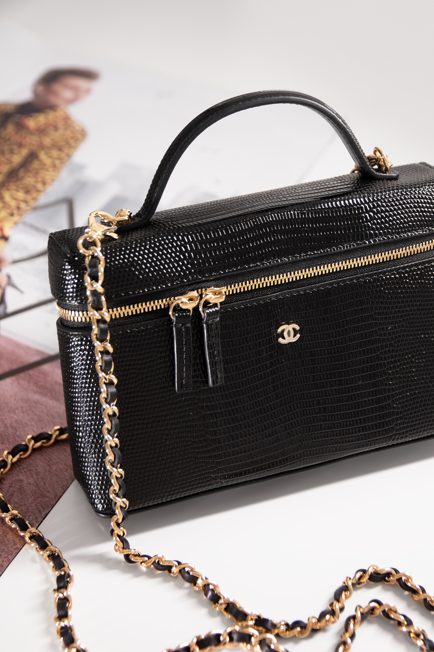 Chanel Vanity Case with Chain in Black Lizard