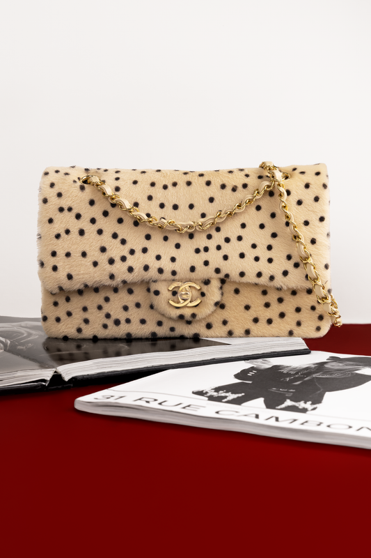 Chanel Small Fur Flap Bag in Light Beige/Black Polka Dots