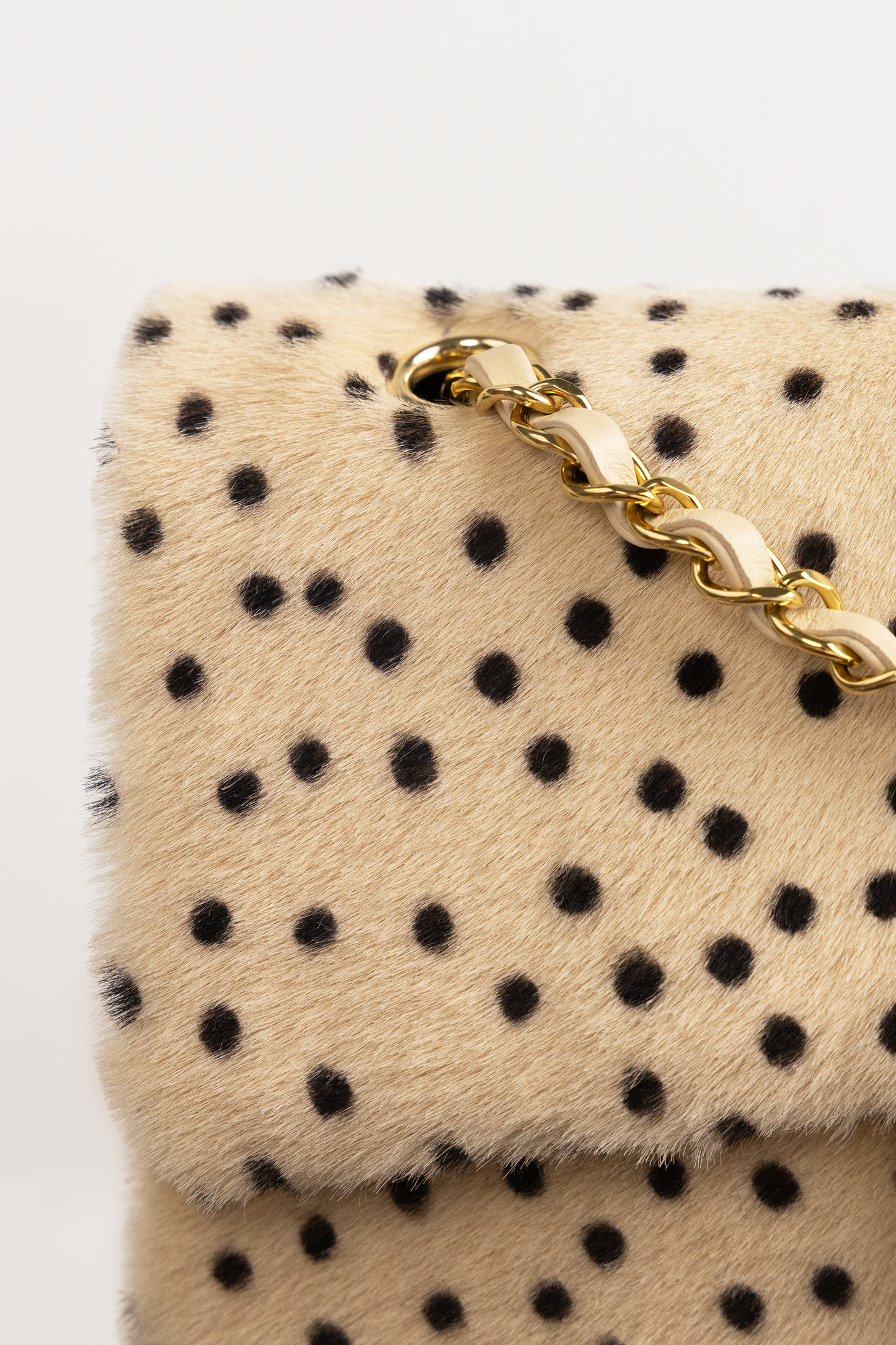 Chanel Small Fur Flap Bag in Light Beige/Black Polka Dots