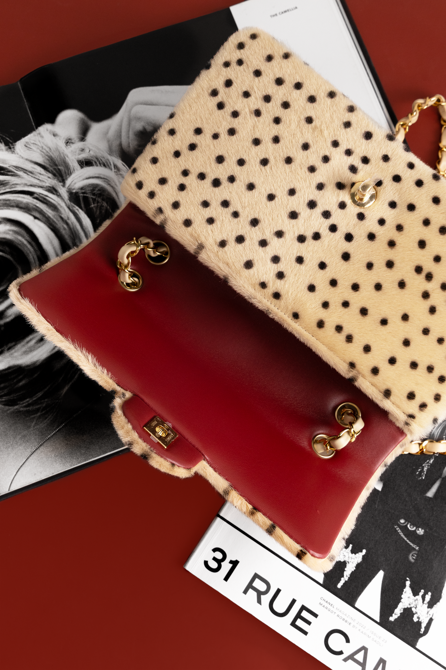 Chanel Small Fur Flap Bag in Light Beige/Black Polka Dots