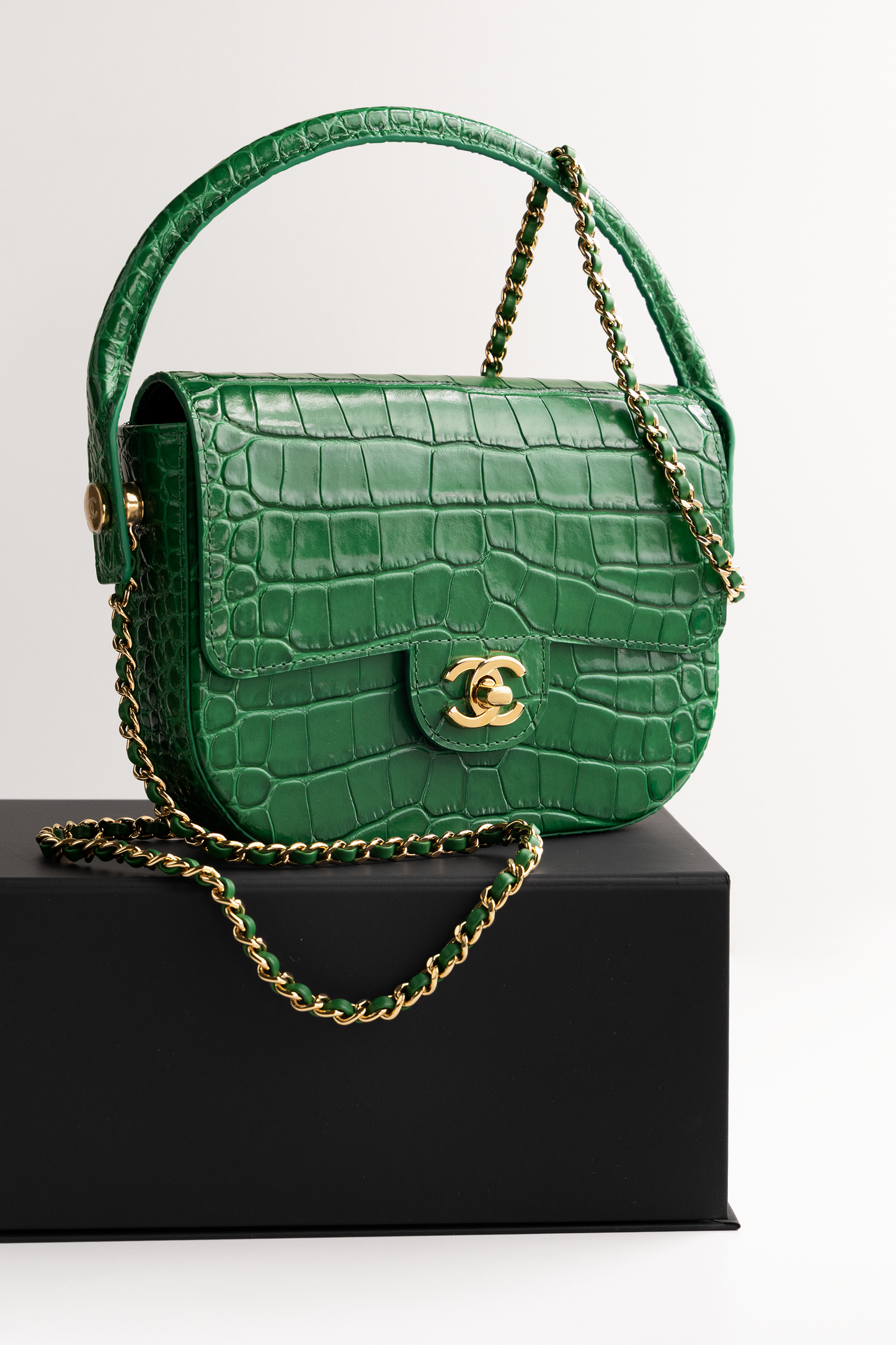Chanel Mini Flap Bag with Top Handle in Green Crocodile Embossed Calfskin