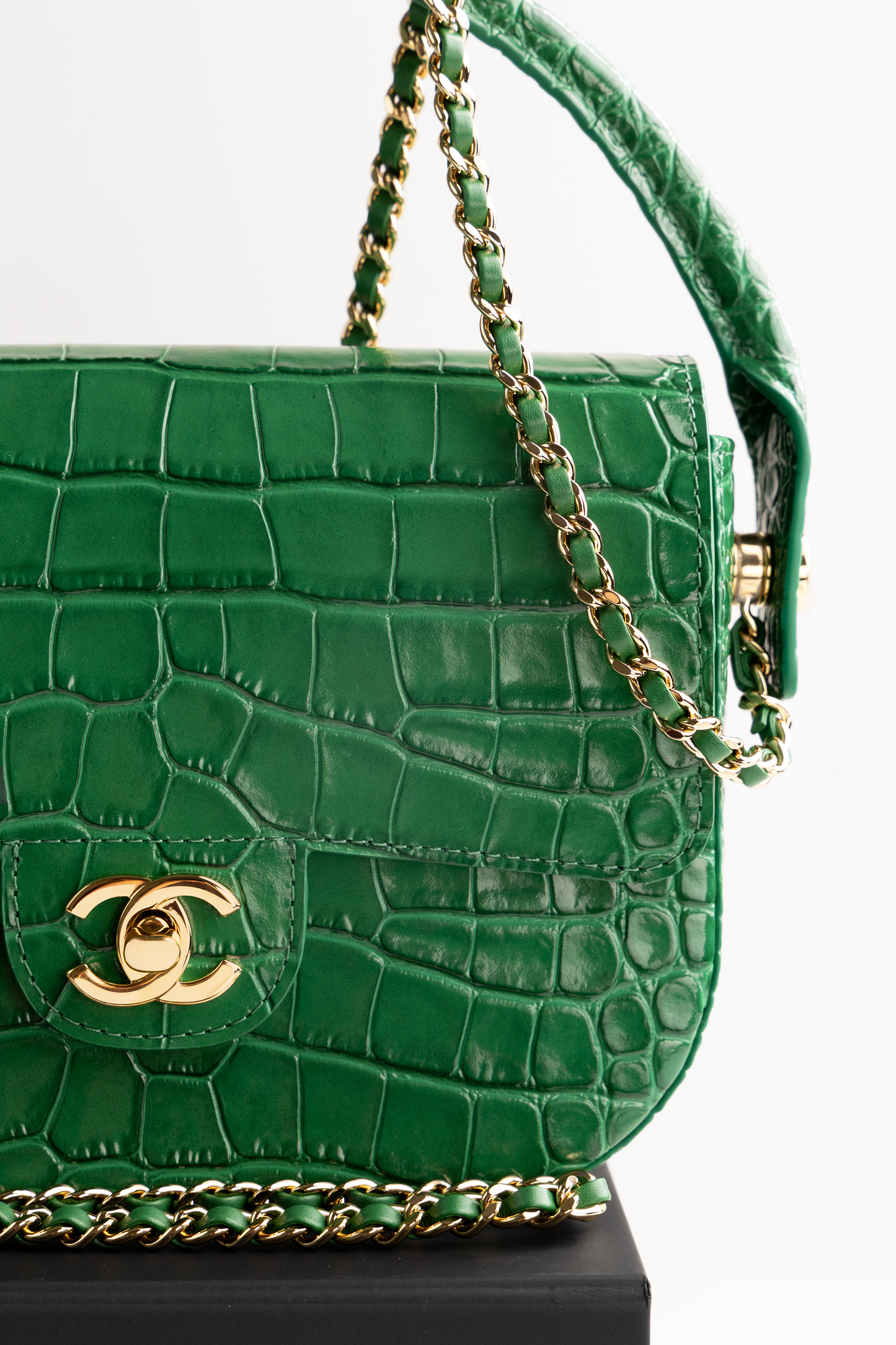 Chanel Mini Flap Bag with Top Handle in Green Crocodile Embossed Calfskin