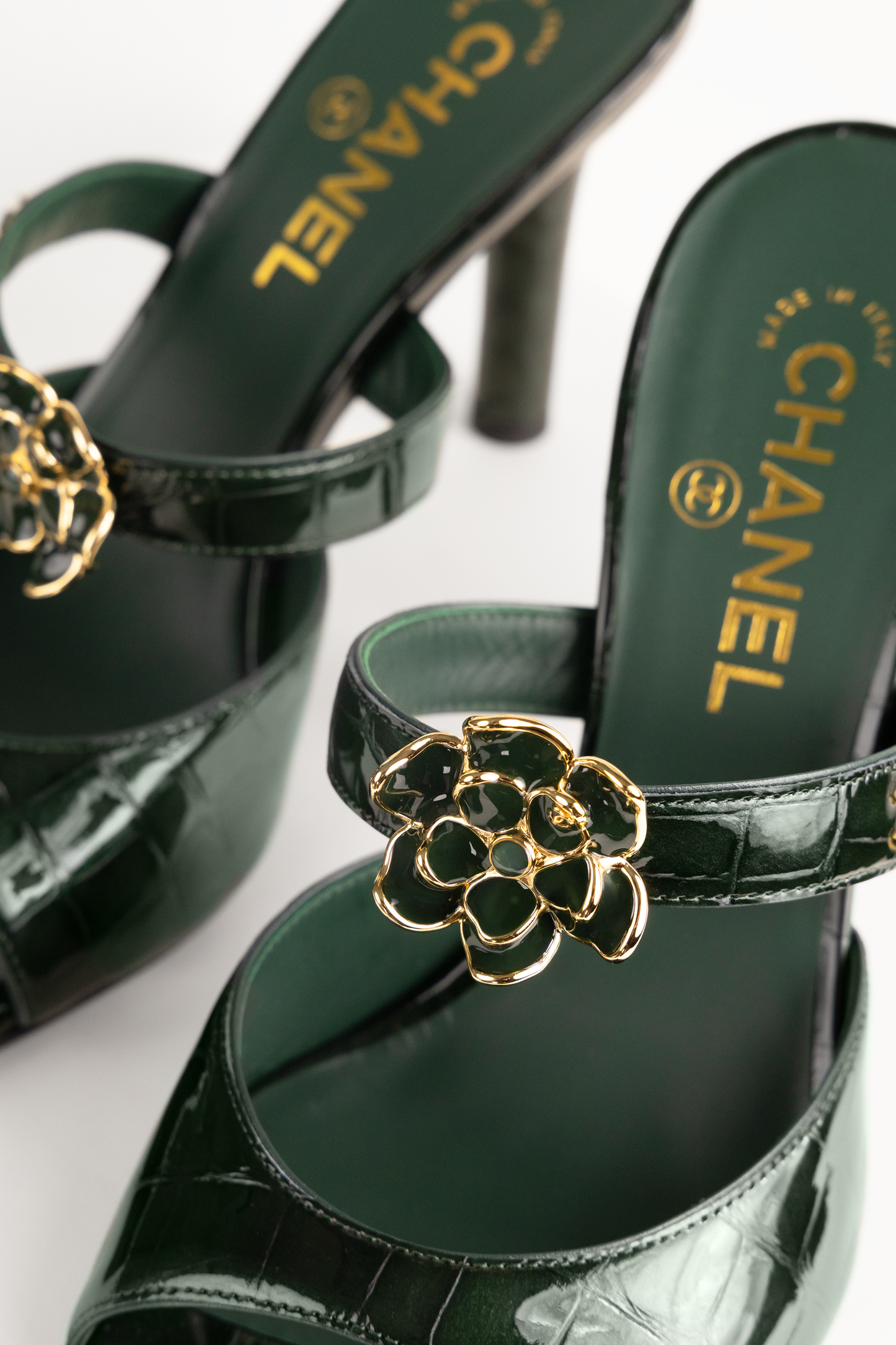 Chanel Crocodile Embossed Patent Calfskin Mules in Dark Green