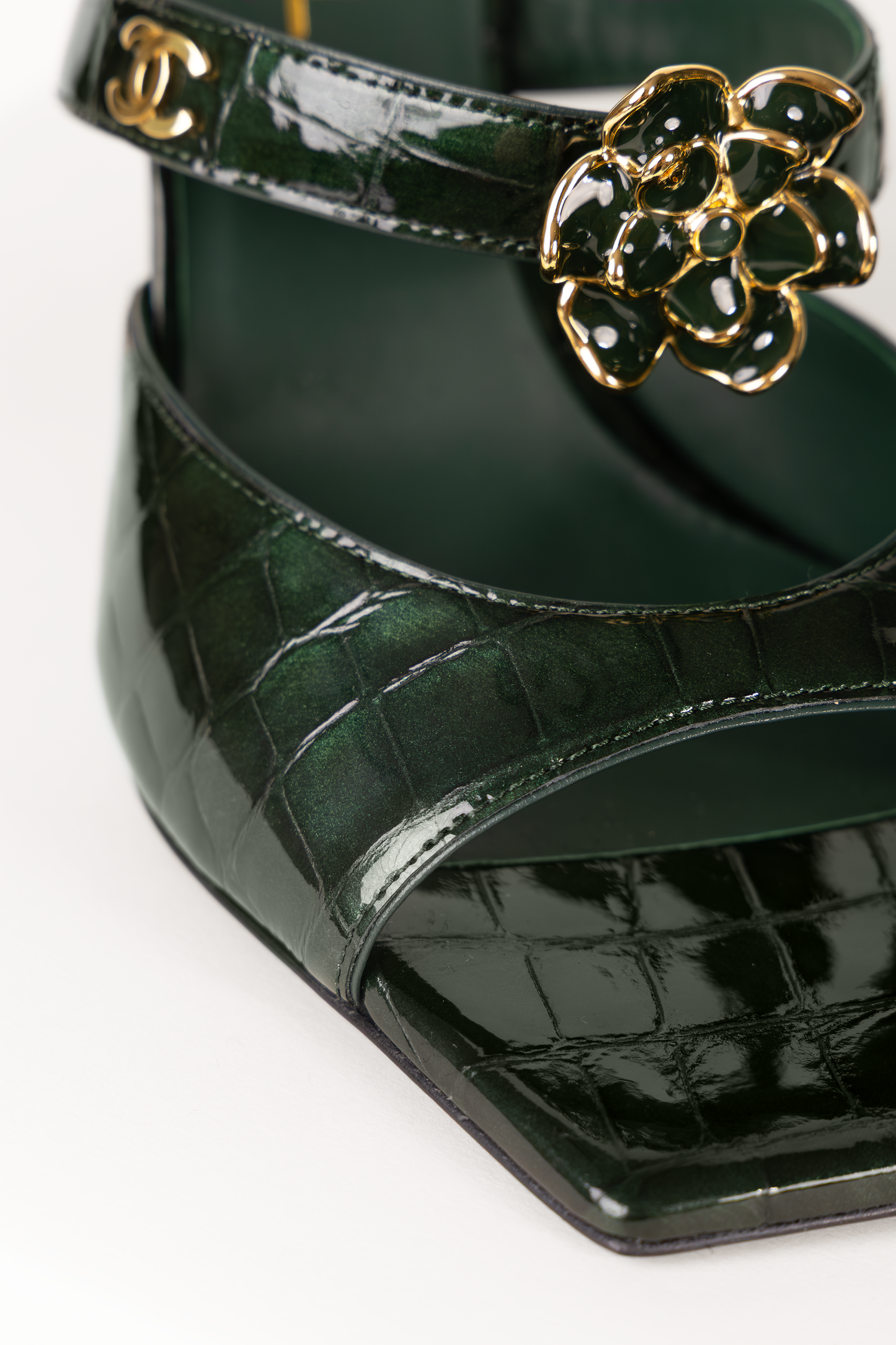 Chanel Crocodile Embossed Patent Calfskin Mules in Dark Green