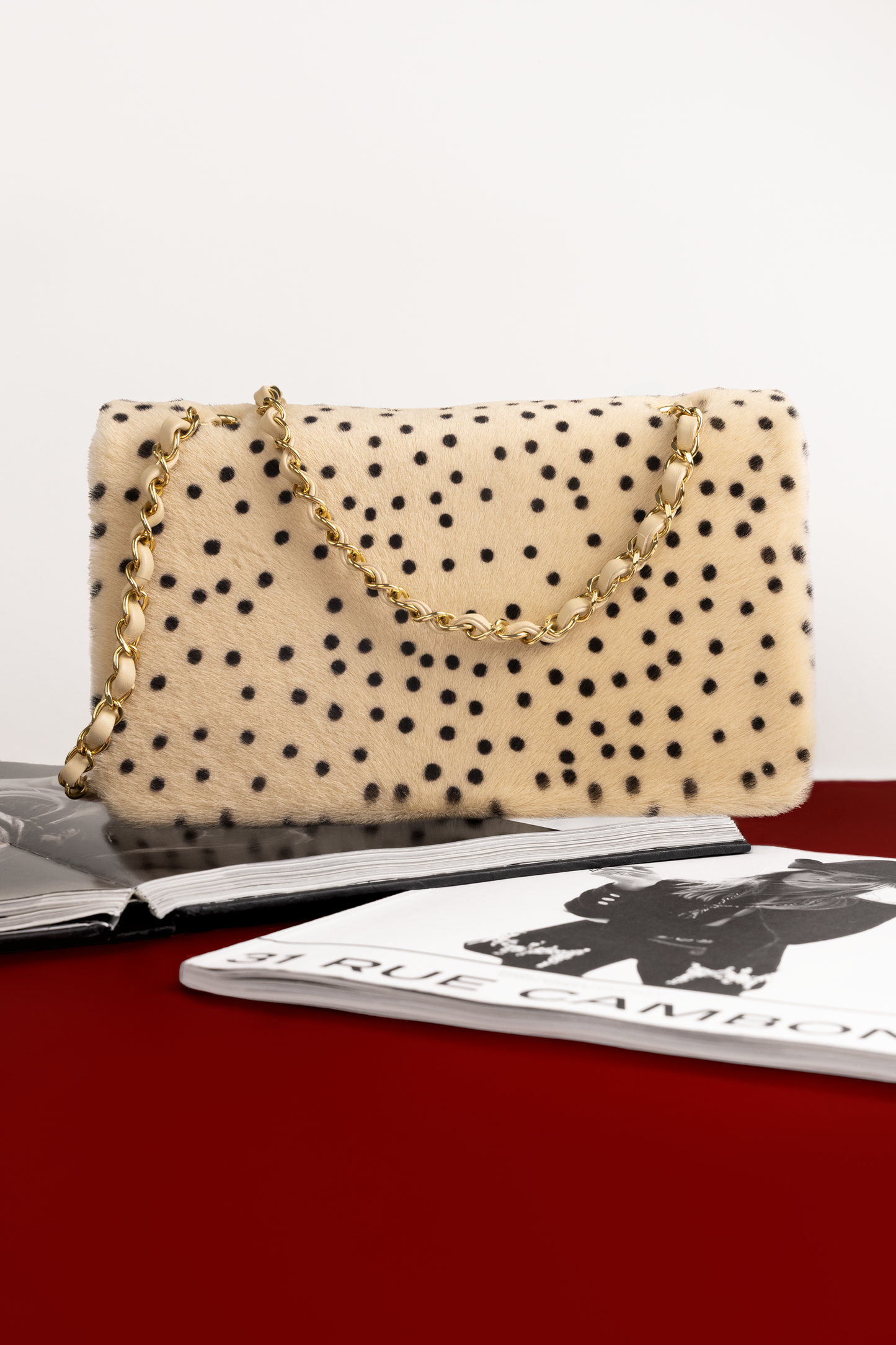 Chanel Small Fur Flap Bag in Light Beige/Black Polka Dots