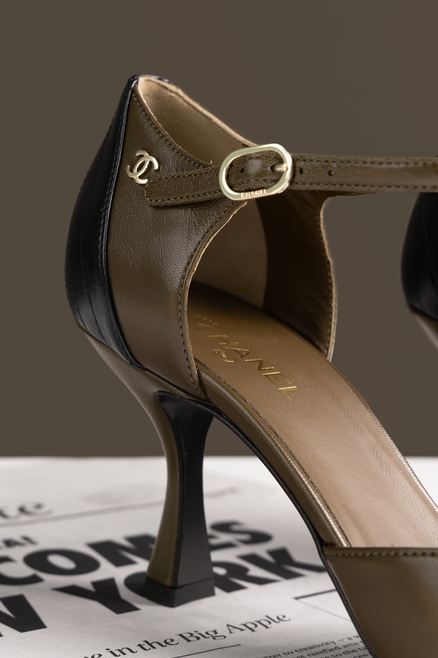 Chanel Mary Janes in Dark Khaki & Black
