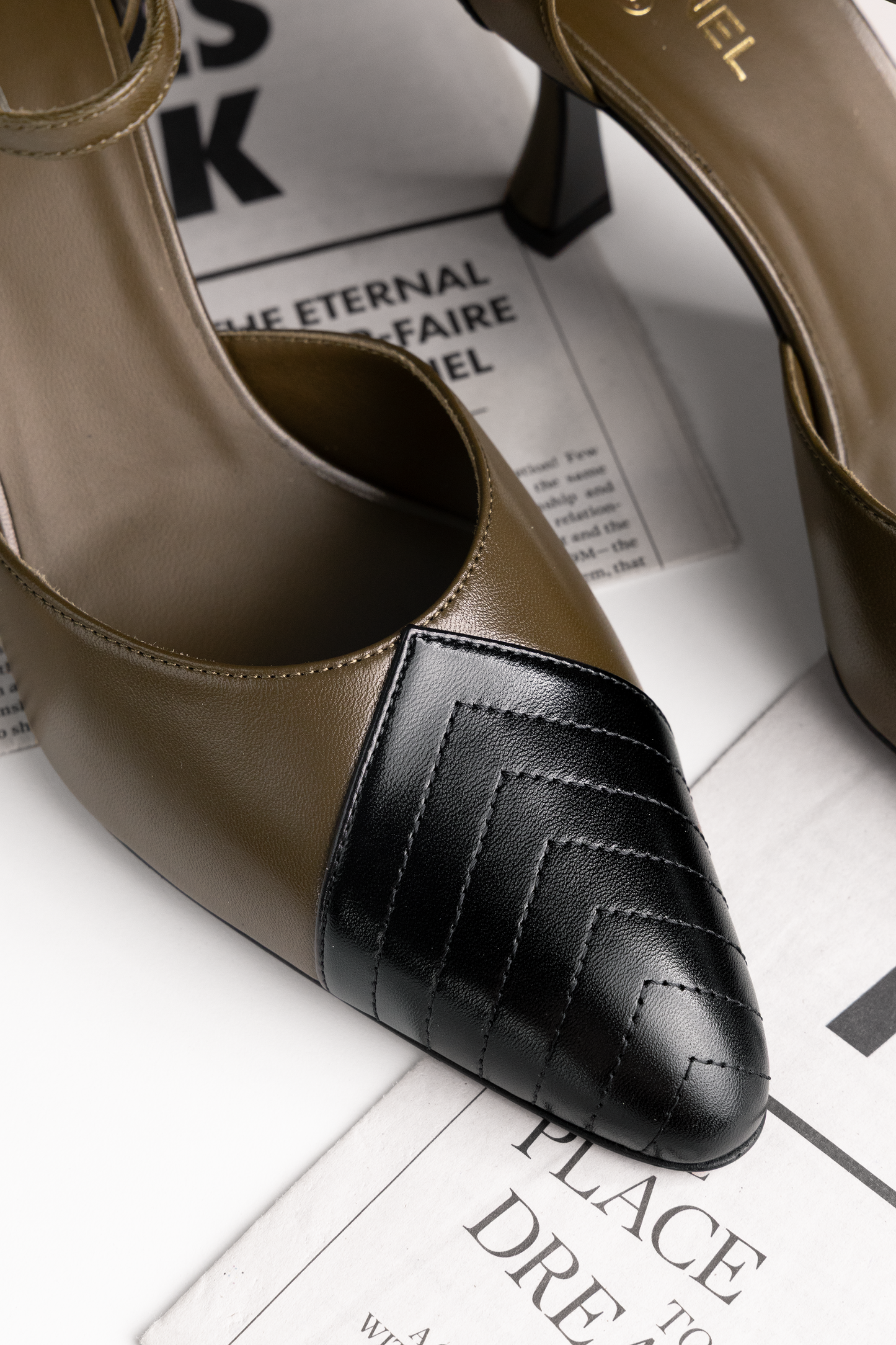 Chanel Mary Janes in Dark Khaki & Black