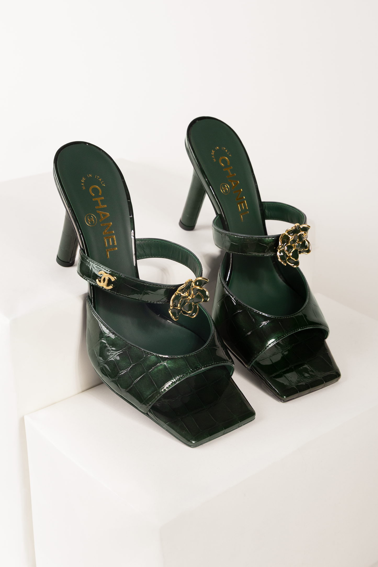 Chanel Crocodile Embossed Patent Calfskin Mules in Dark Green