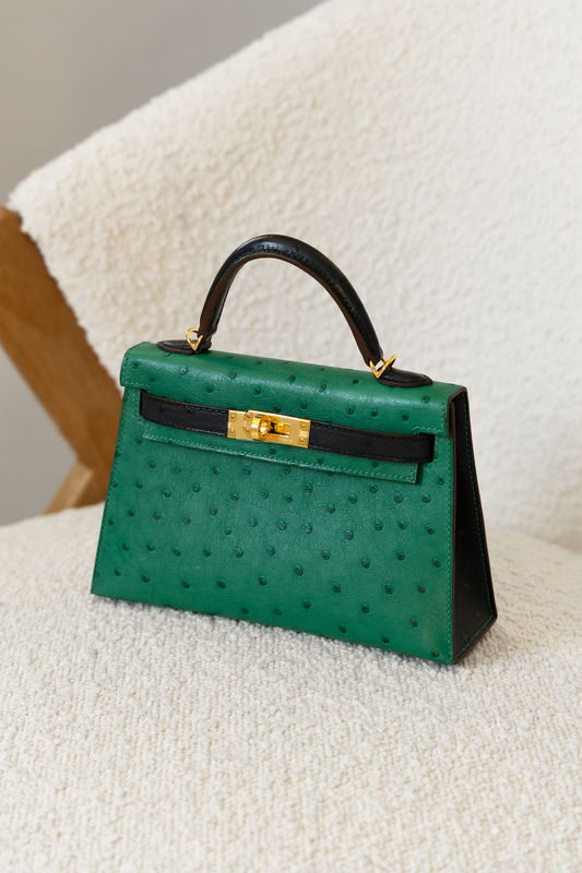 Hermès Mini Kelly Ostrich in Vert Vertigo/Blue Iris GHW