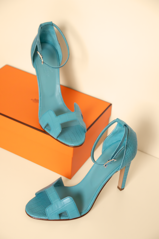 Hermès Premiere 105 Sandals in Matte Alligator Blue Sai