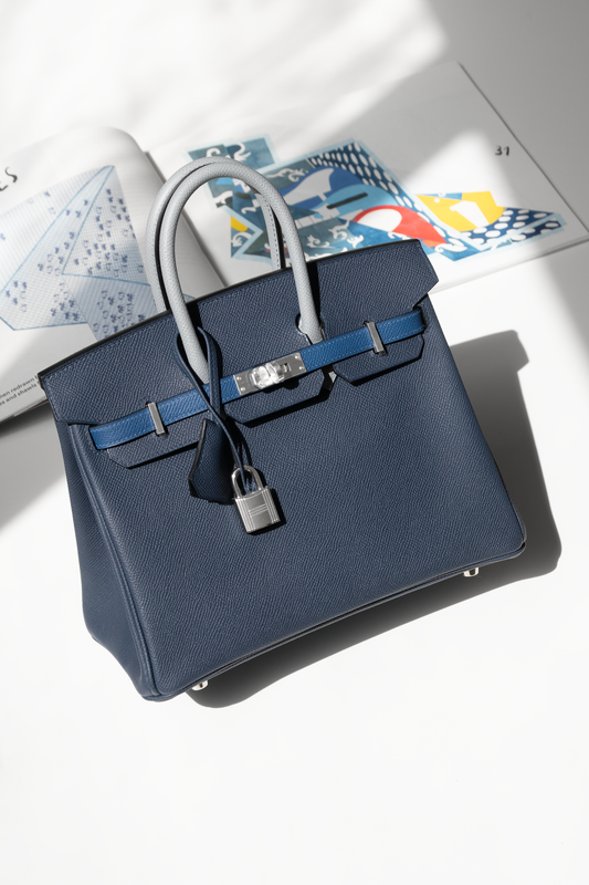 Hermès Birkin 25 Epsom Tricolor in Blue Tie/Blue Abysse/Gris Pantin PHW
