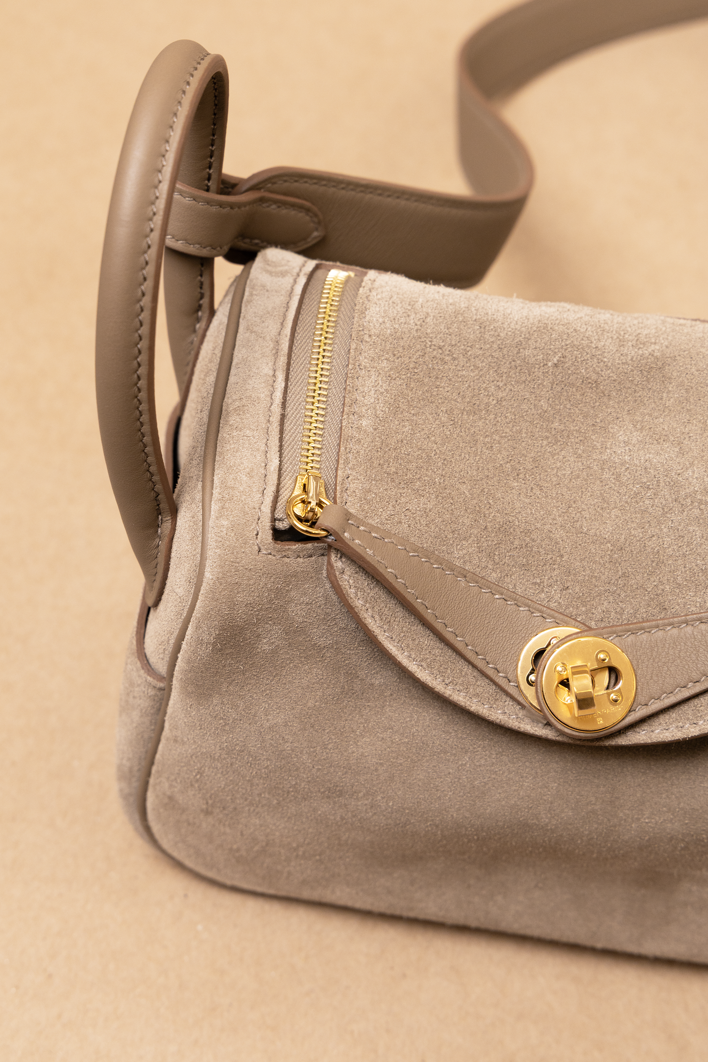 Hermès Mini Lindy Suede in Etoupe GHW & Oran Epsom Sandals in Etoupe