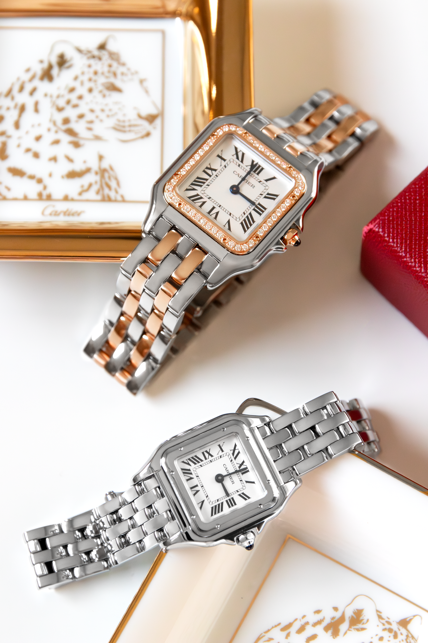 Cartier Panthère de Cartier Silver/Rose Gold with Diamonds Watch & Panthère de Cartier Mini Watch in Stainless Steel with Silver Dial