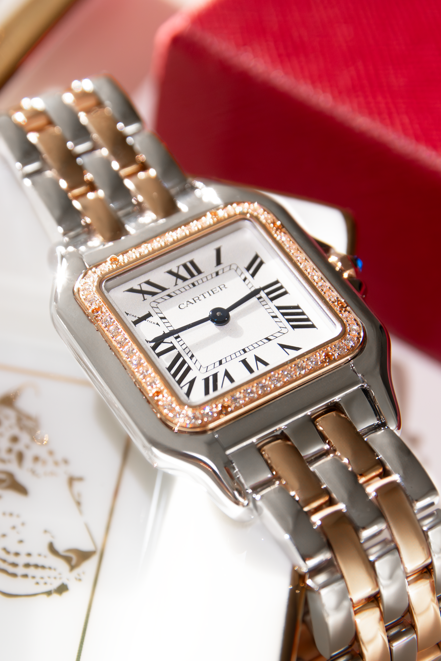 Cartier Panthère de Cartier Silver/Rose Gold with Diamonds Watch & Panthère de Cartier Mini Watch in Stainless Steel with Silver Dial