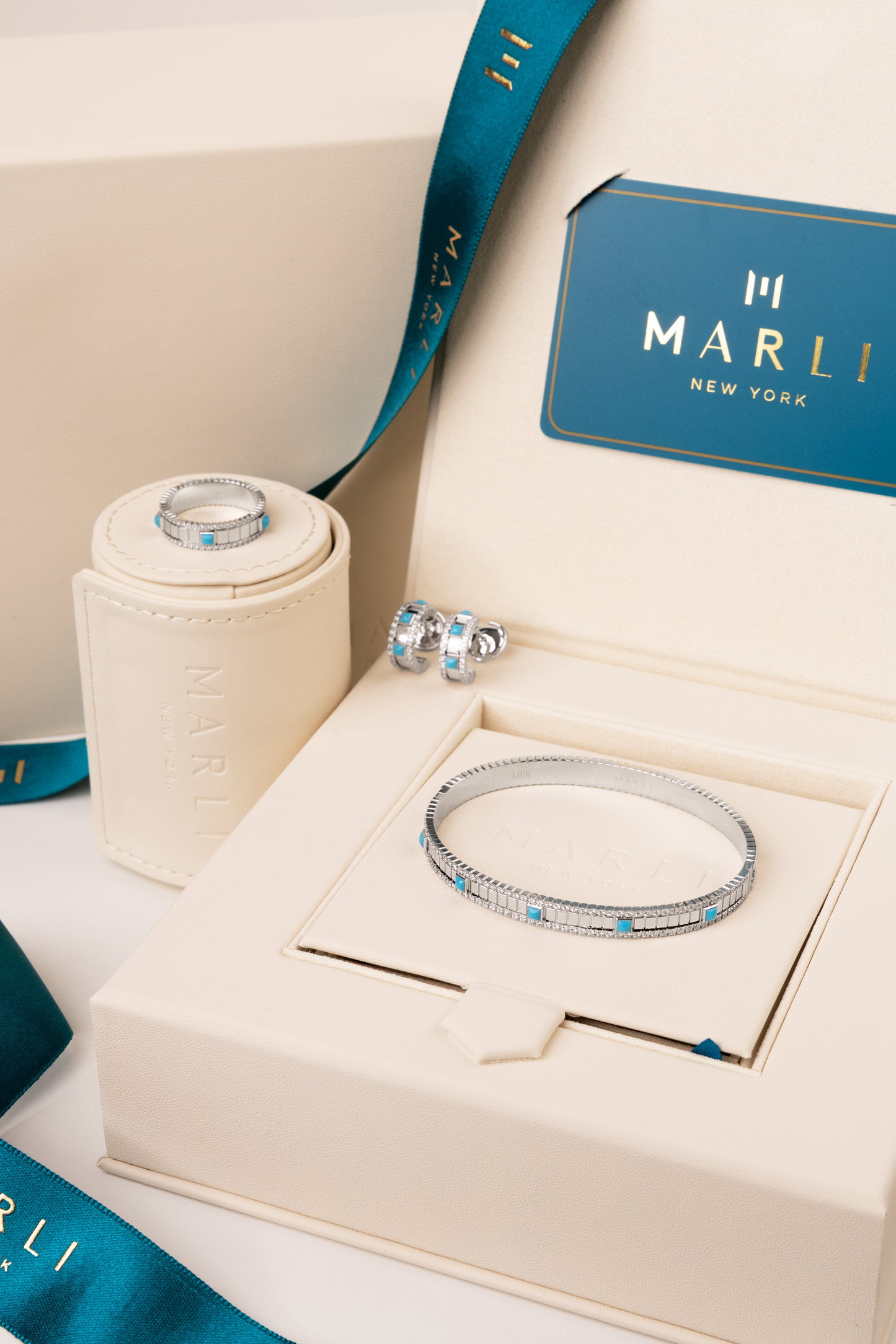 Marli Life Set Bangle, Ring, & Earrings in White Gold Diamond/Turquoise