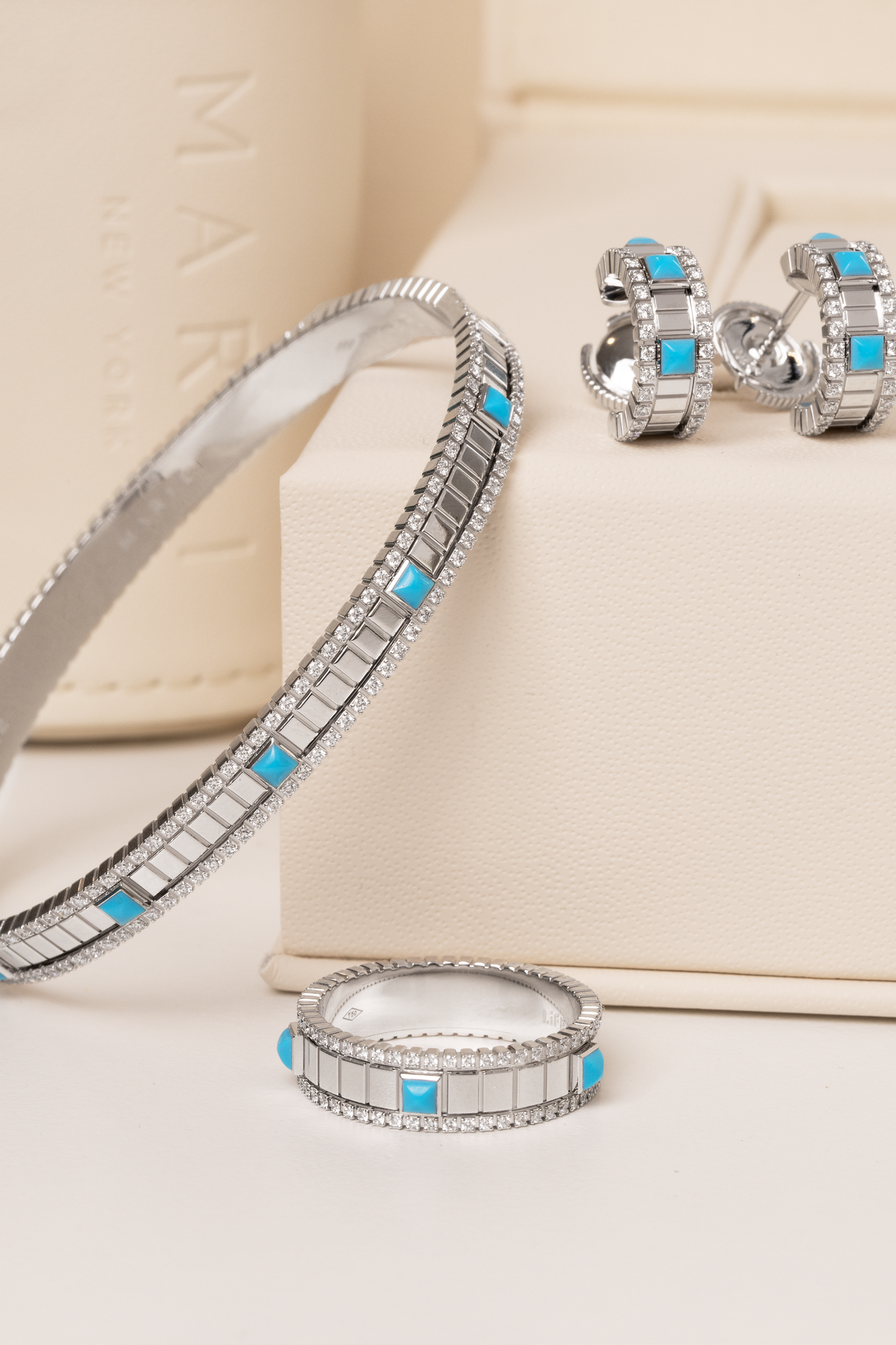 Marli Life Set Bangle, Ring, & Earrings in White Gold Diamond/Turquoise