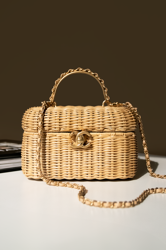 Chanel Vanity Case in Braided Rattan & Gold-Tone Metal  Beige