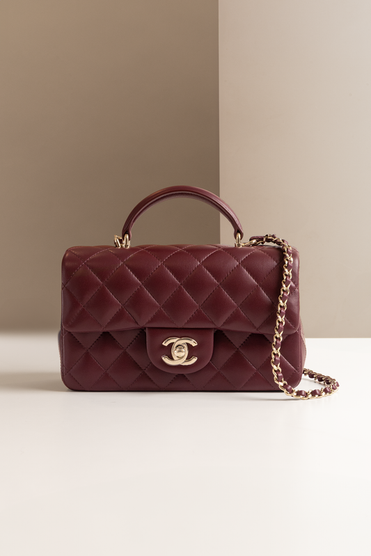 Chanel Mini Quilted Lambskin Top Handle Rectangular Flap Bag in Burgundy