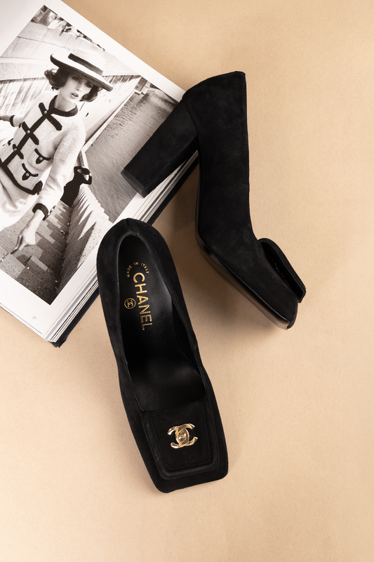 Chanel Black Suede CC Pumps