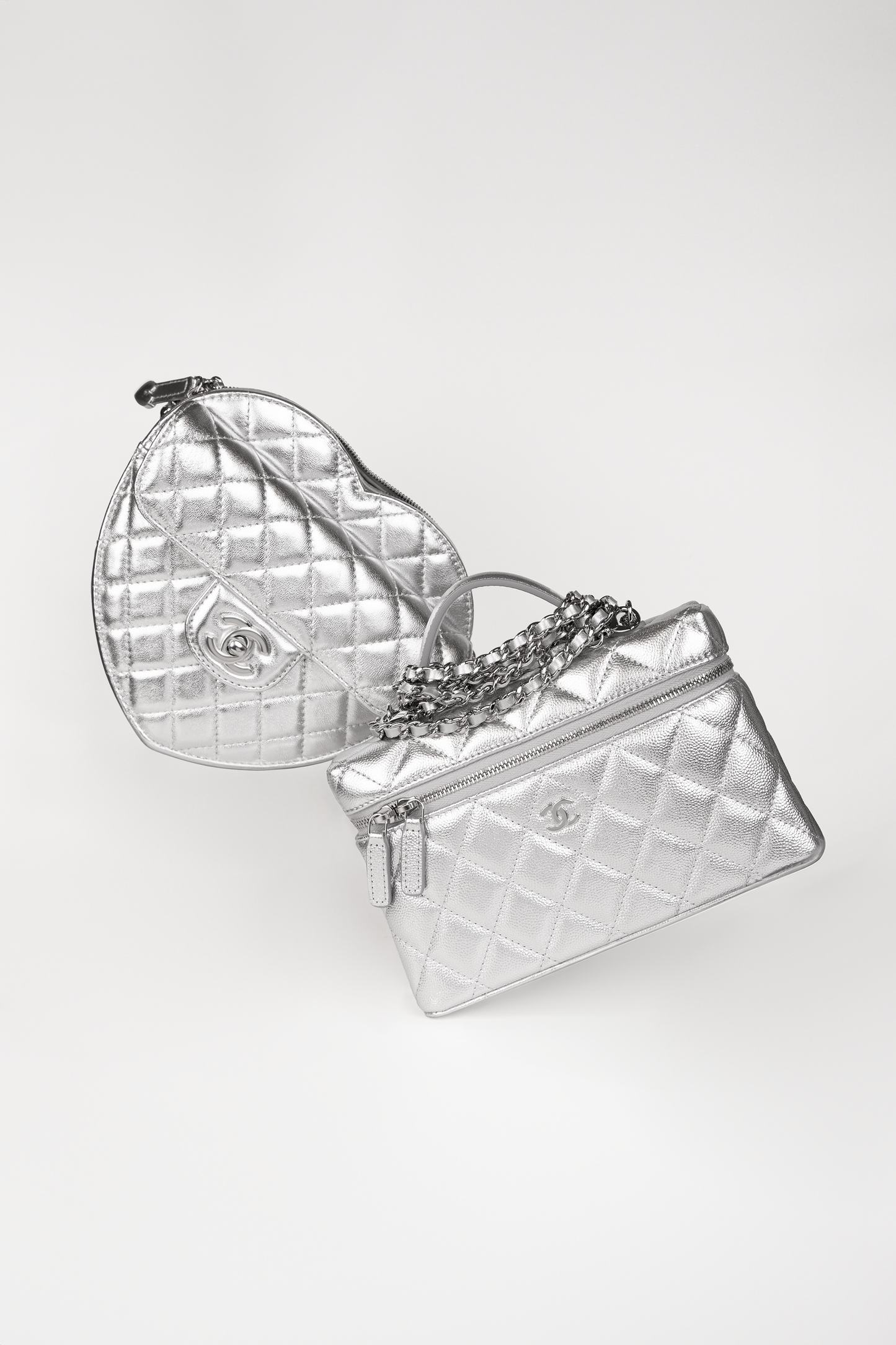 Chanel Silver Metallic Heart Bag & Vanity Case with Chain