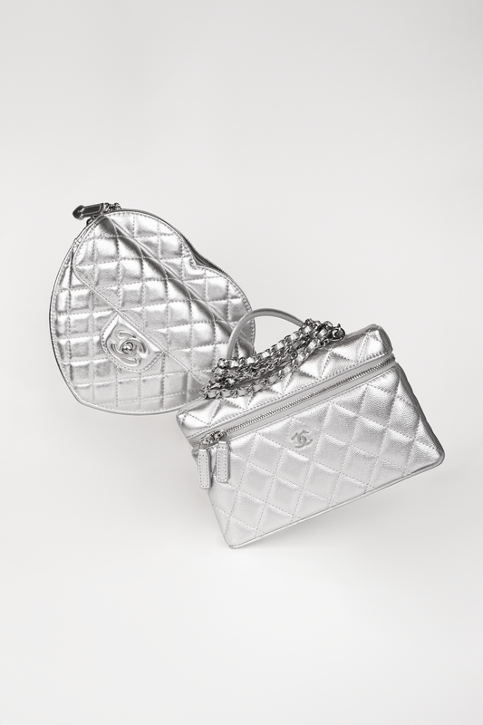 Chanel Silver Metallic Heart Bag & Vanity Case with Chain