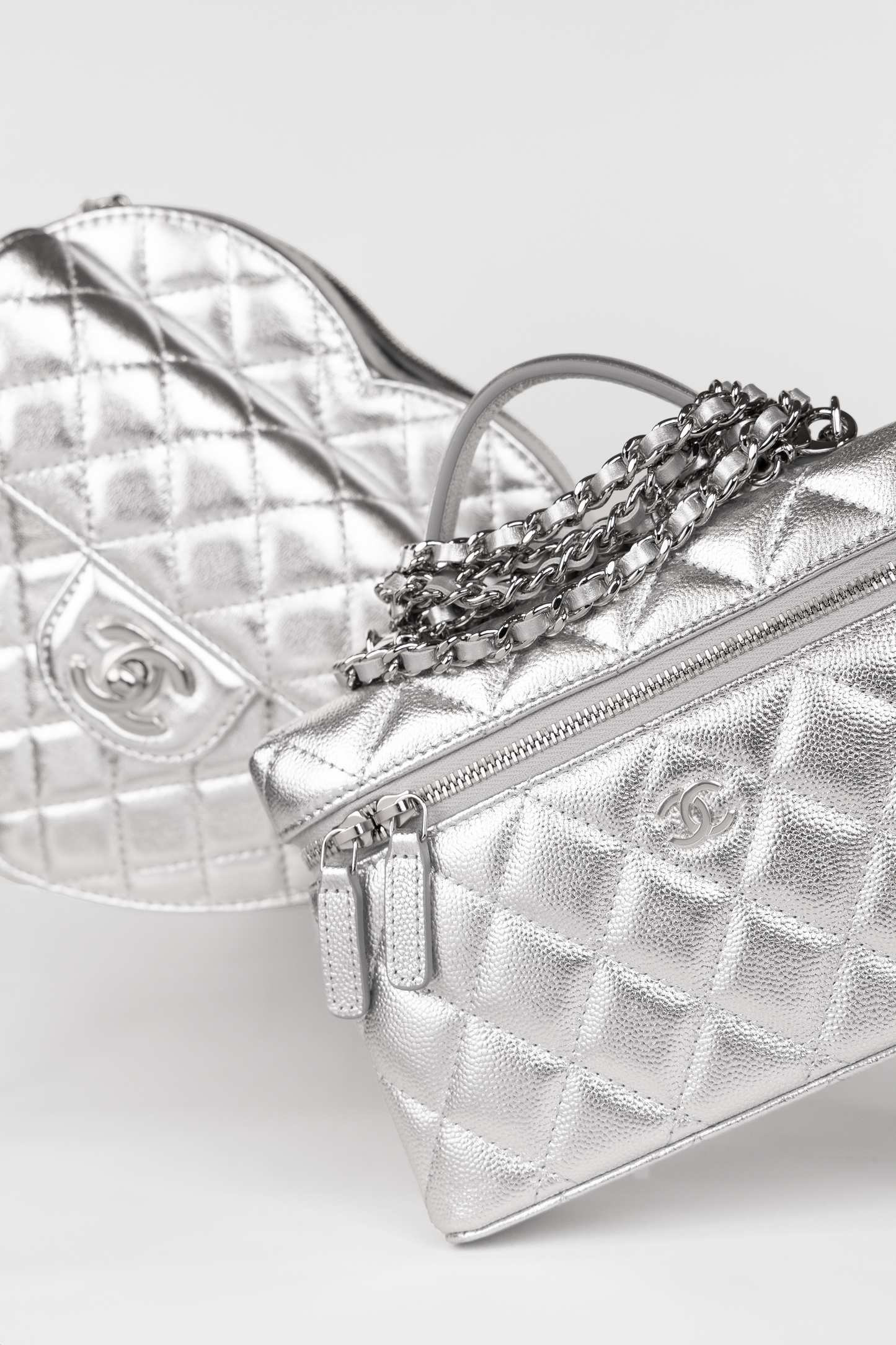 Chanel Silver Metallic Heart Bag & Vanity Case with Chain