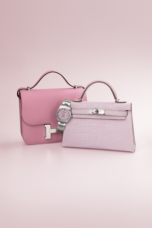 Hermès Mini Constance 18 Epsom Mauve Sylvestre PHW & Mini Kelly 20 Matte Alligator in Mauve Pale with Rolex Oyster Perpetual Pink Dial Watch