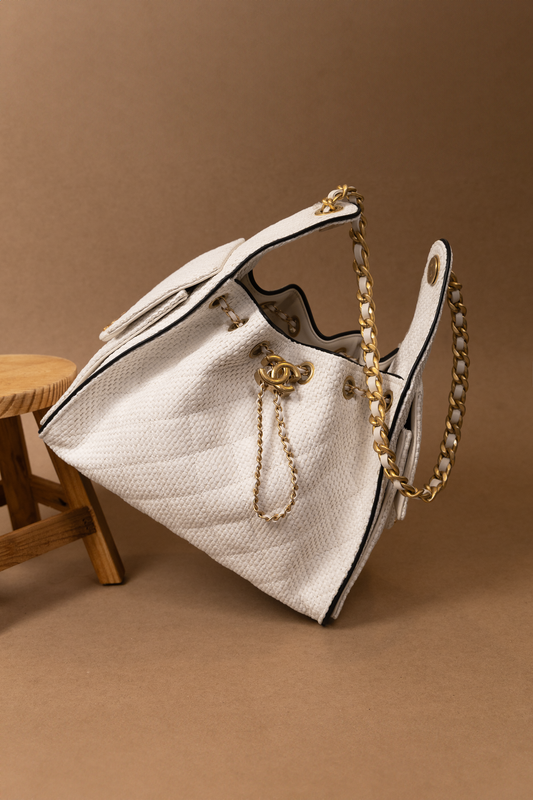 Chanel Small Braided Raffia, Calfskin & Gold-Tone Metal Hobo 25 Bag in White/Black