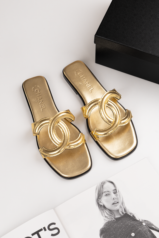 Chanel CC Metallic Gold Slides
