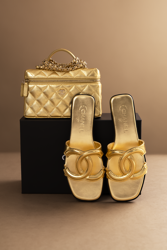 Chanel Gold Metallic Vanity Case with Chain & CC Mules