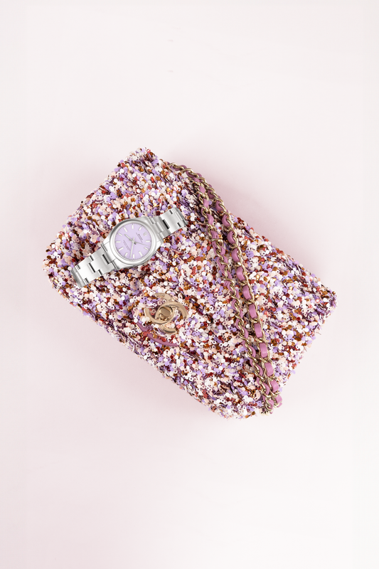 Chanel Mini Sequin Flap Bag in Pink Multicolor with Rolex Oyster Perpetual Watch in Oystersteel & Lavendar Dial